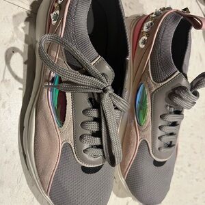 Authentic Valentino Garavani Gray and Pink Sneakers with Jewel Accents